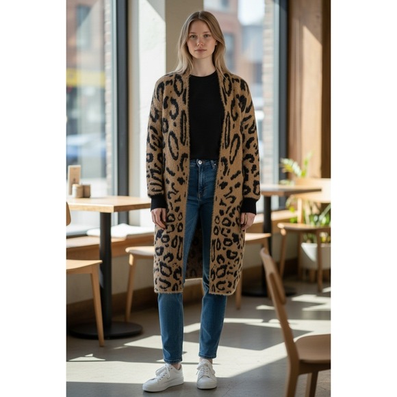 Westbound Sweaters - Westbound Leopard Print Fuzzy Knit Cardigan Long Sleeve Open Front Size L